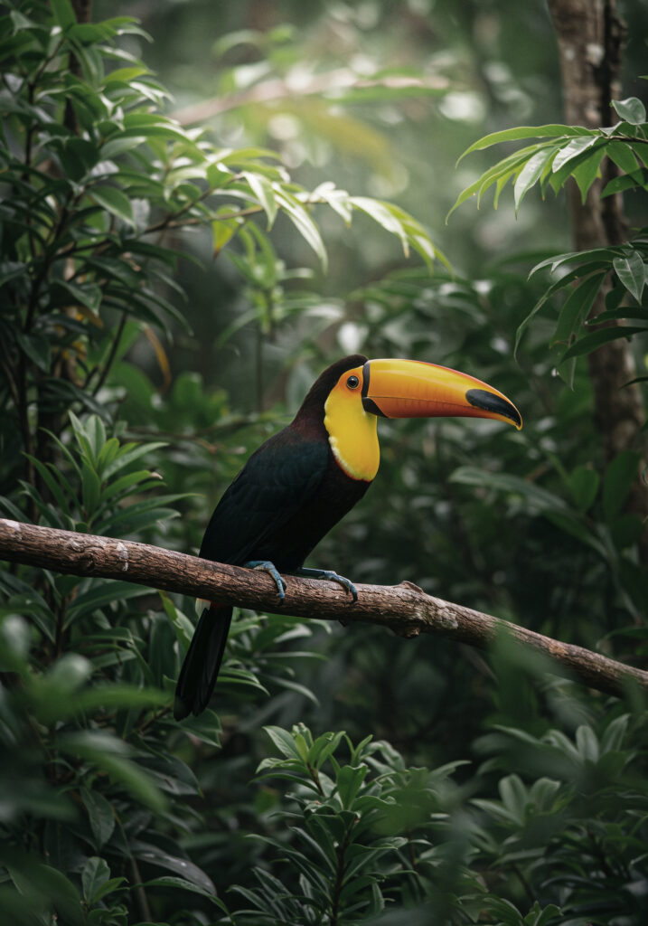 tucano empoleirado em um galho em vegetacao exuberante